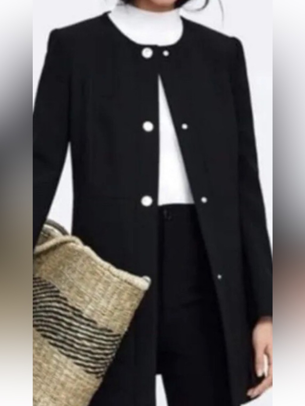Zara Black Collarless Blazer with Contrast Buttons Sz M